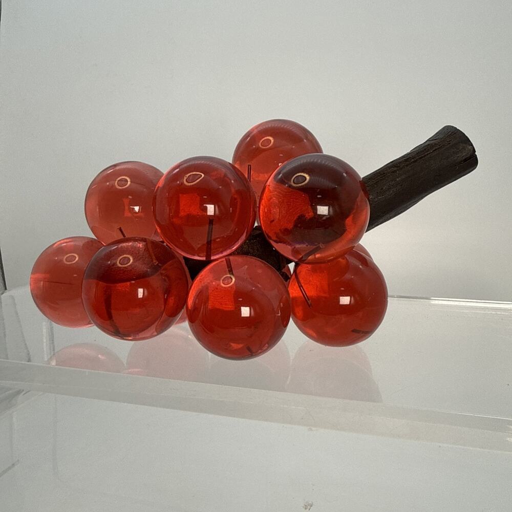 Vintage MCM Lucite 13 Grape Cluster On Brown Wood Stem W/ Red Lucite Large Balls